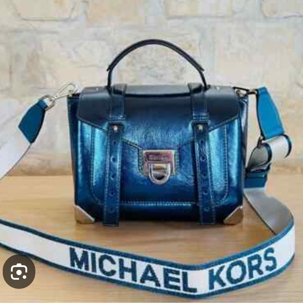 Michael Kors Metalic Blue Leather Crossbody Bag with Silver Hardware